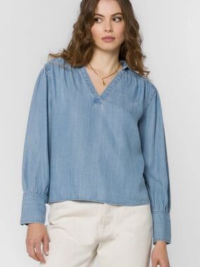 Chambray Blue Tencel Blouse Top Long Sleeves V-Neck Sophisticated Women’s XL